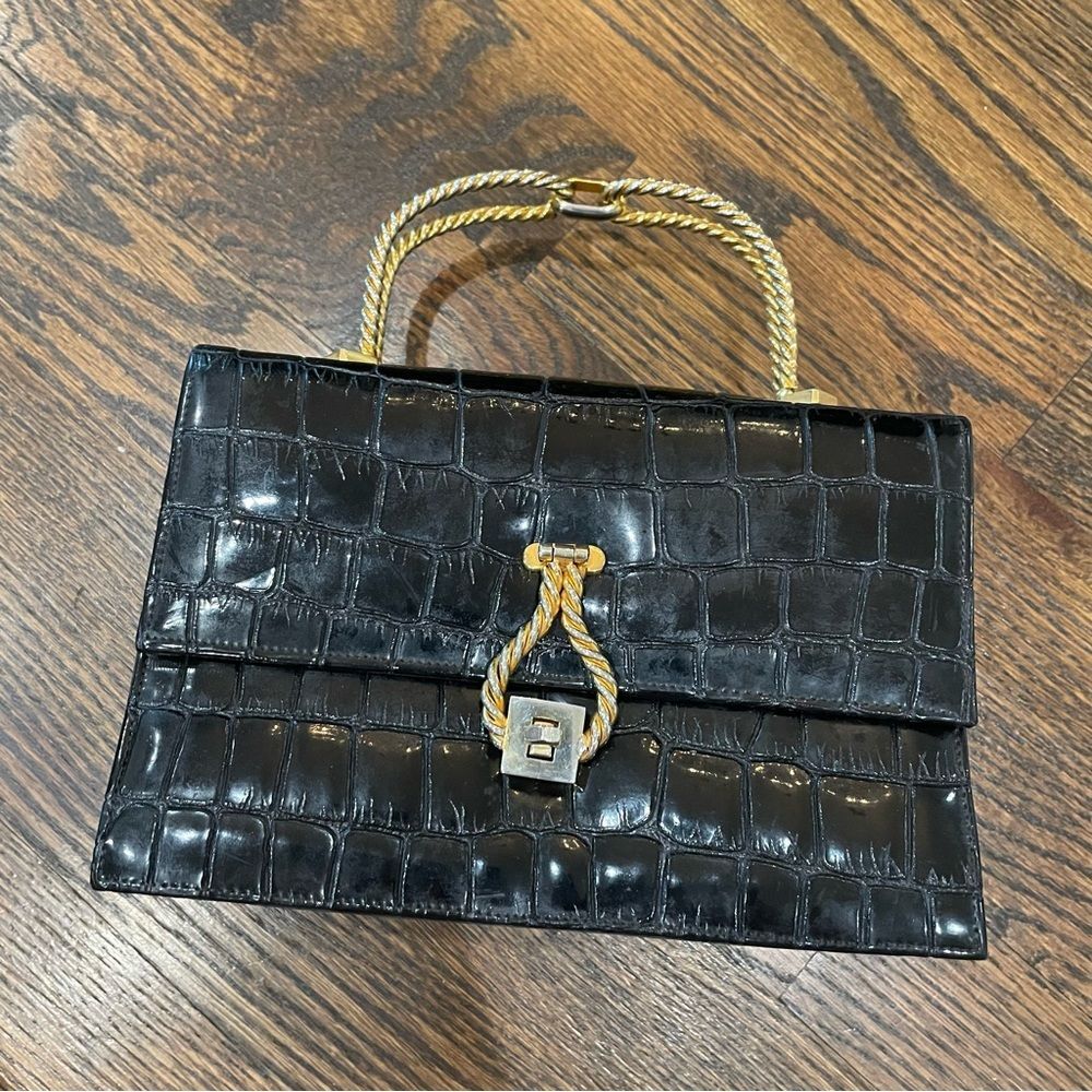 VINTAGE Crown Lewis Black Patent Leather Croc Embossed Top Handle Bag